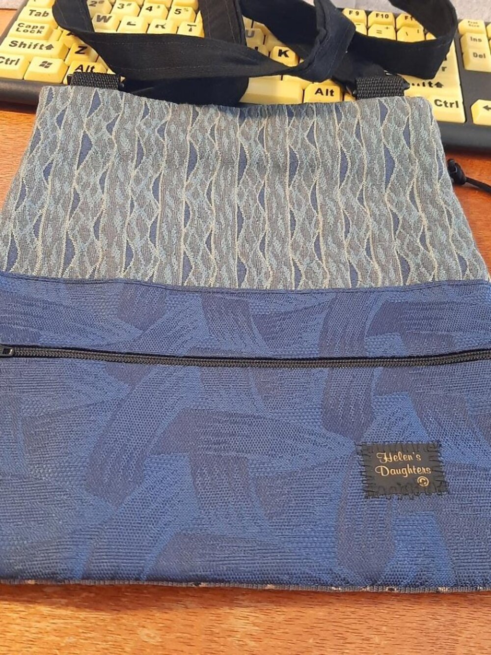 NEW ! Helen's Daughters Blue Patterned Tapestry Fabric Crossbody Bag Black Strap